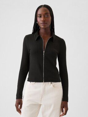 Gap Modern Rib Zipper Shirt Black Knit Collar Cropped Twee Minimalist Goth Sz M